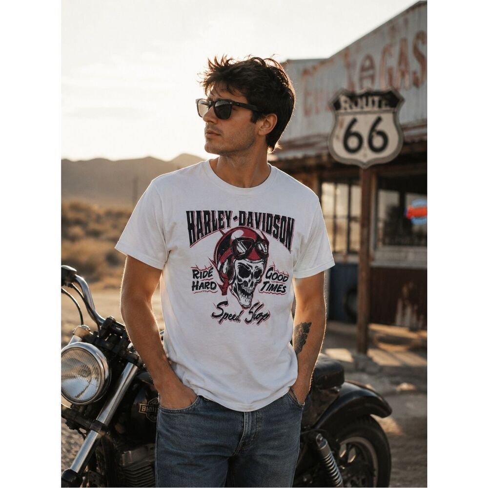 Harley-Davidson White Tee with Black and Red Skull Graphic